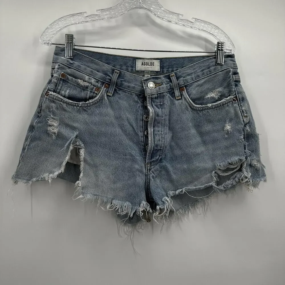 AGOLDE Parker Shorts Womens 28‎ Distressed Denim High Rise Button Fly Raw Hem